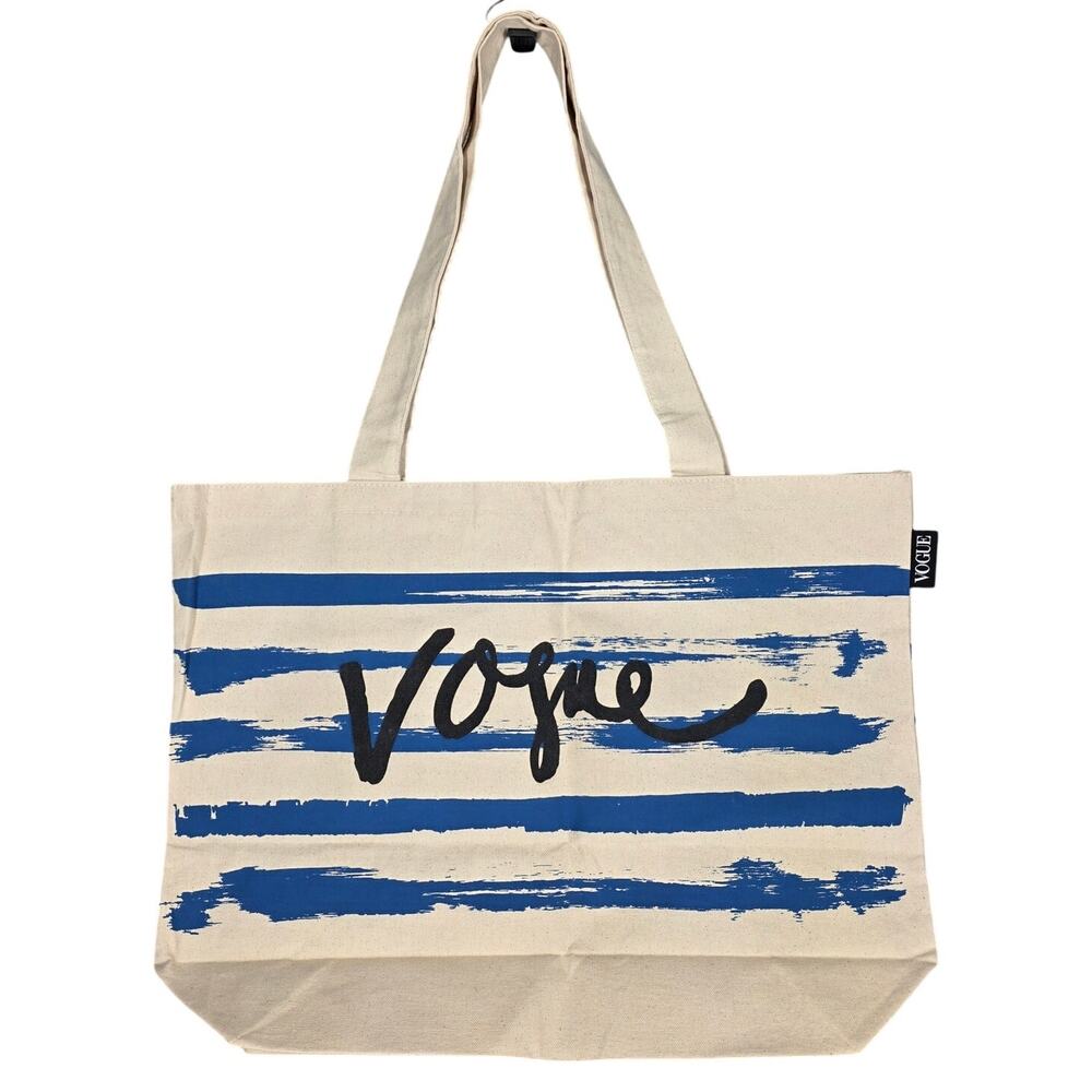 VOGUE VINTAGE CANVAS TOTE BAG – 100% COTTON – BLUE BRUSHSTROKE STRIPES – 20"×15"
